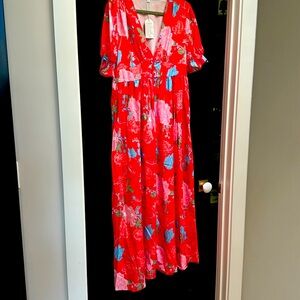 Red floral  maxi dress v neck and button front